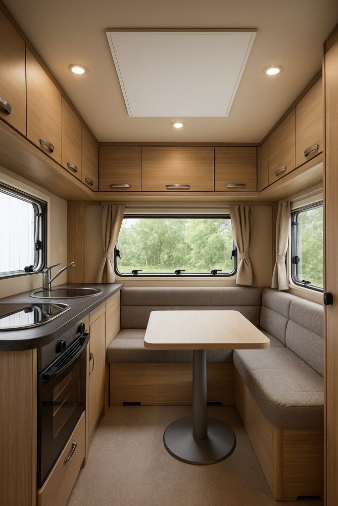 Infrarotheizung in einem Wohnwagen Innenraum Infrarotheizung in einer Küche und Essbereich in einem Wohnwagen