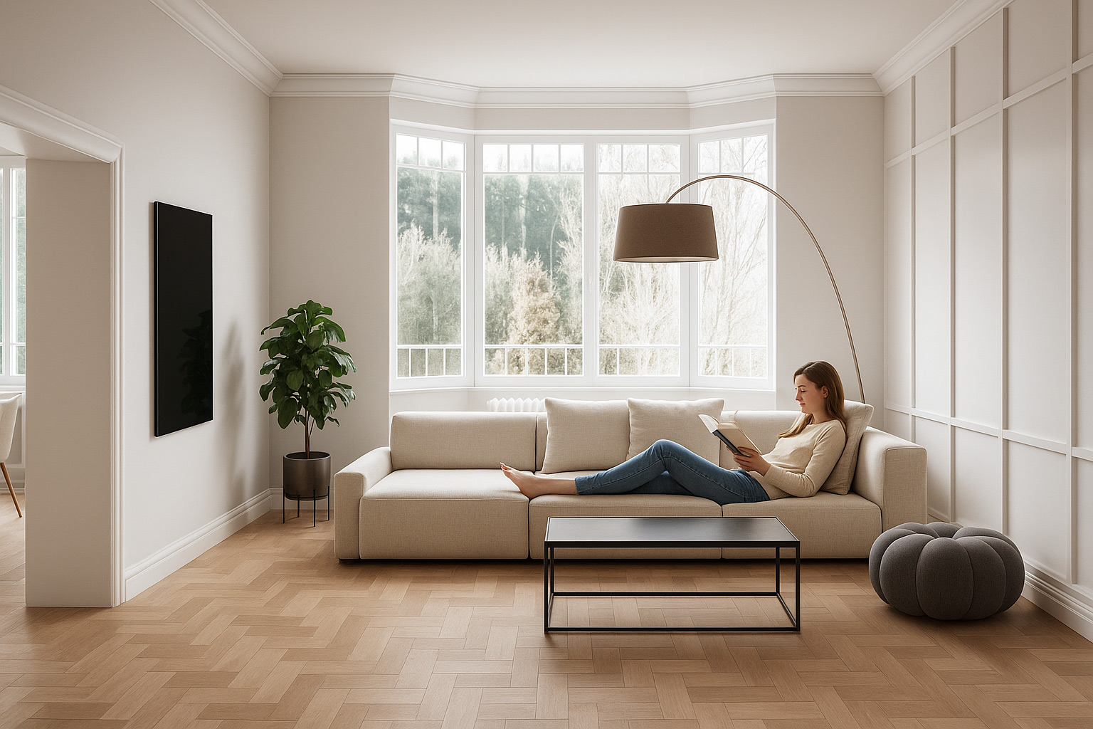 Infrarotheizung-Altbau Infrarotheizung im Altbau - Frau sitzt gemütlich auf dem Sofa