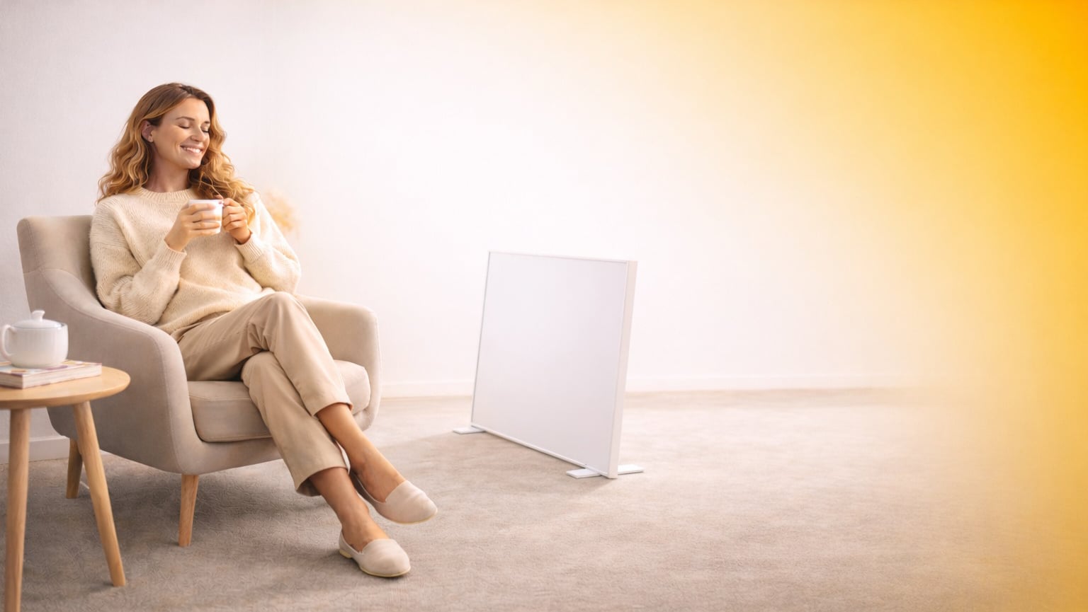 frau-infrarot-standheizung (1) Frau mit Infrarot Zusatzheizung sitzt auf einem Sofa
